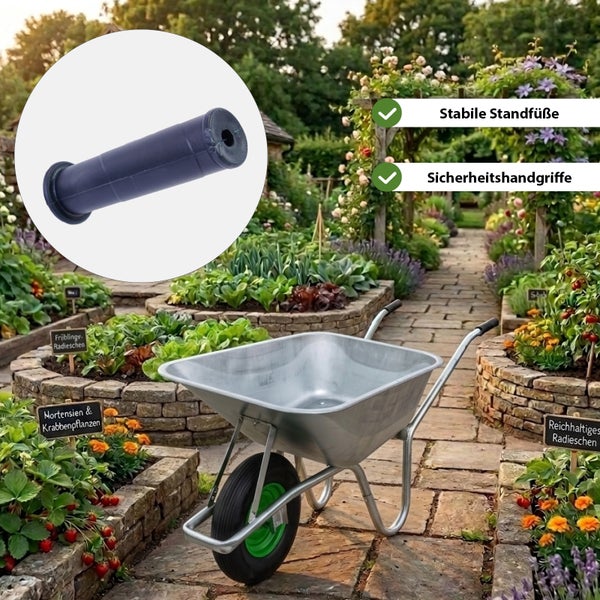Sicherheitshandgriff für Schubkarre in einem Garten mit Schubkarre und Informationen zu stabilen Standfüßen.