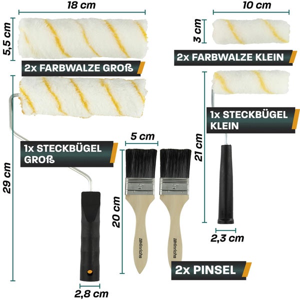 Hinrichs Malerset Streichen 12-teilig - Farbroller Set mit Farbwanne, Abstreifgriff, Abdeckplane, Kreppband, Pinsel, Farbroller Wandfarbe, Steckbügel