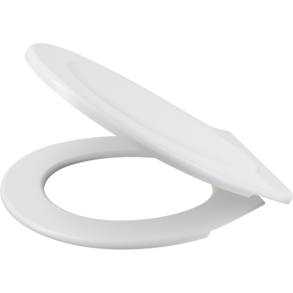 WC-Sitz mit Deckel aus weißem Kunststoff, runde Form.