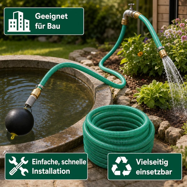 Wasserschlauch mit Schwimmerventil zur Gartenbewässerung und Entnahme aus dem Gartenteich, inklusive Piktogramme für Eignung und Montage.