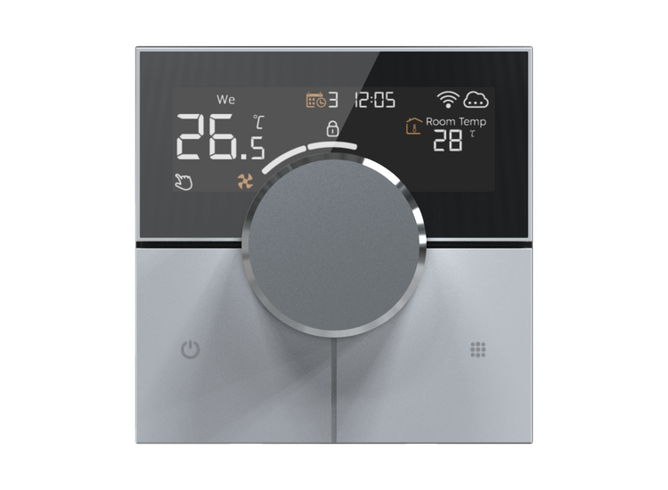 Digitaler Raumthermostat mit Drehregler und Touch Display zur Steuerung der Heizung und Klimatisierung mit WLAN Funktion.