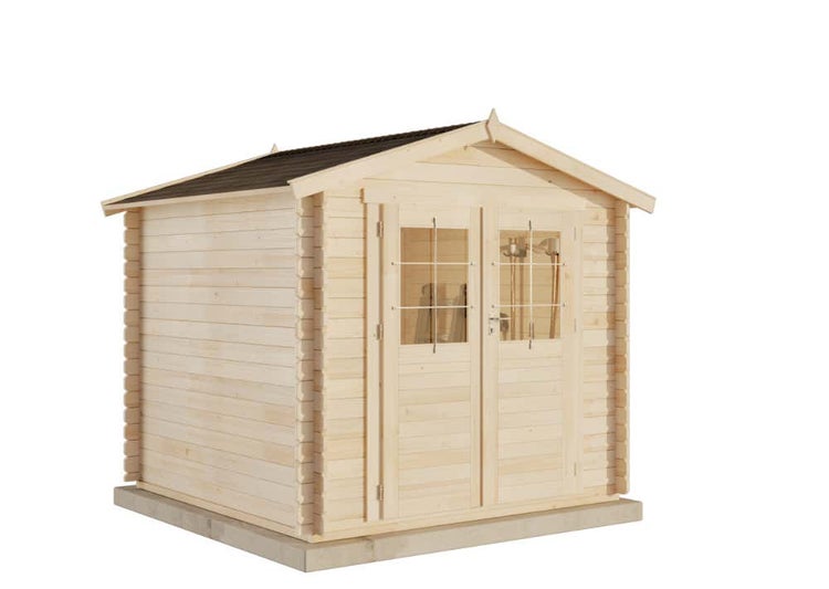 Gartenhaus aus Holz mit Satteldach und Doppelflügeltür mit Fenstern.