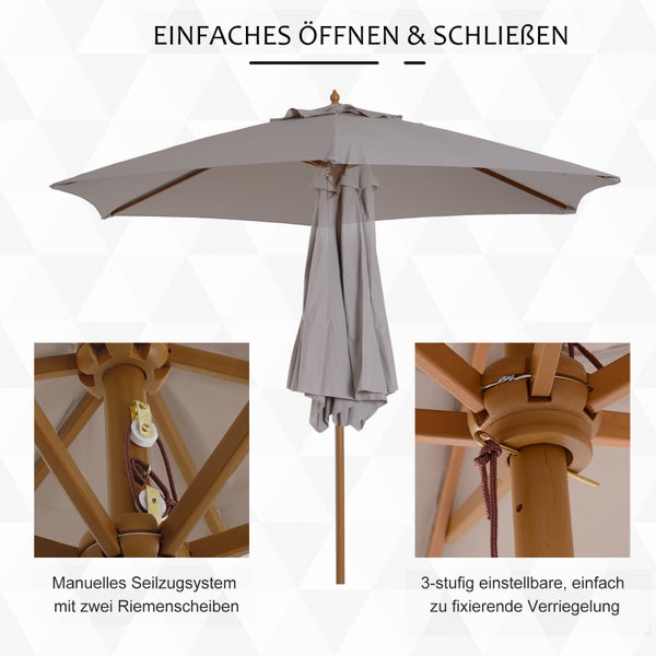 Sonnenschirm mit Holzgestell, manuellem Seilzugsystem mit zwei Riemenscheiben und dreistufig einstellbarer Verriegelung.