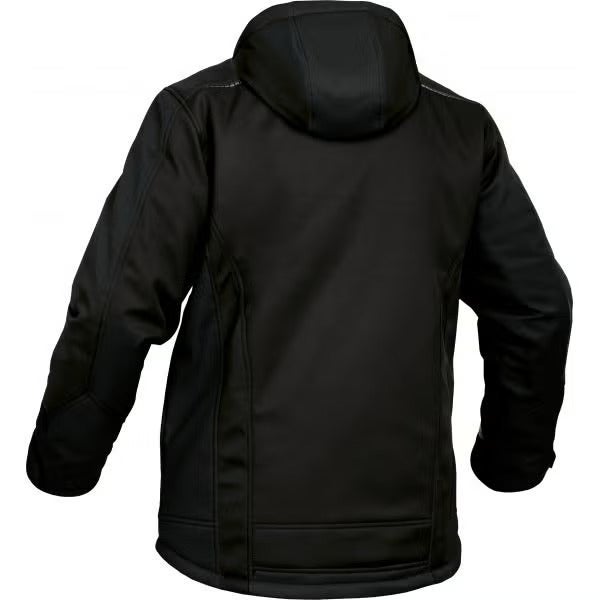 Schwarze Softshelljacke mit Kapuze für Herren, Rückansicht.