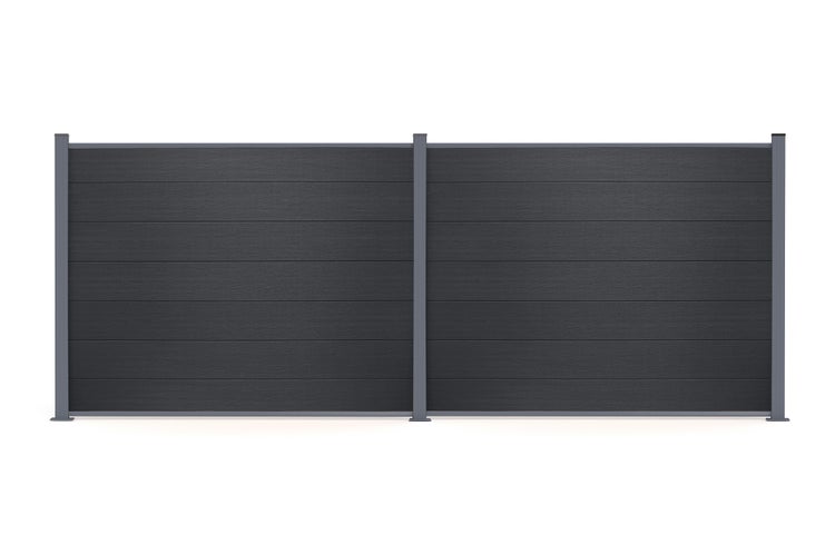 Sichtschutzzaun aus WPC in Anthrazit mit horizontalen Paneelen und Aluminiumpfosten, zwei Zaunelemente.