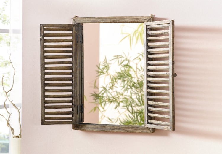 FRANK FLECHTWAREN | Holzspiegel Fenster, HOLZ, GLAS, 40 x 53 cm, Breite aufgeklappt 69 cm