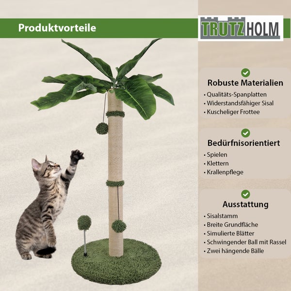 Katze an einem Kratzbaum in Palmenform mit Sisalstamm und Spielbällen