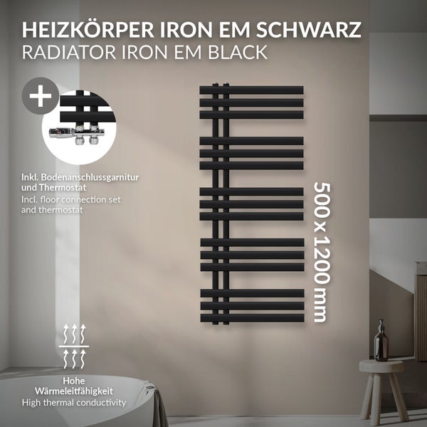 Schwarzer Heizkörper Iron EM mit Bodenanschlussgarnitur und Thermostat, Größe 500 x 1200 mm, hohe Wärmeleitfähigkeit