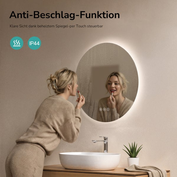Beleuchteter runder Badspiegel mit Anti-Beschlag-Funktion, beheizte Spiegelfläche, Schutzart IP44, moderne Badezimmerszene mit Waschschale.