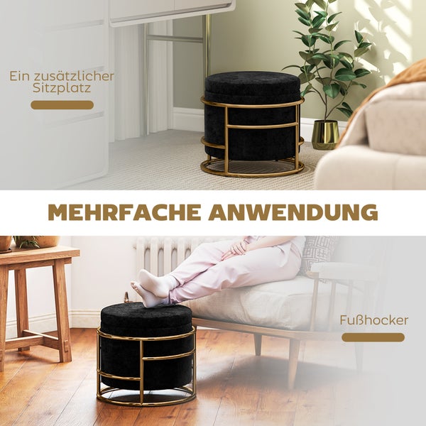 Schwarzer Fußhocker mit goldfarbenem Metallgestell