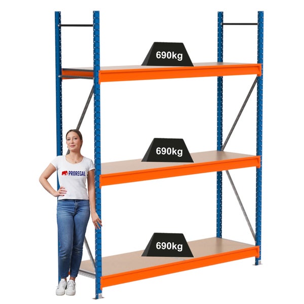 Lagerregal mit drei Ebenen und einer Traglast von 690 kg pro Ebene