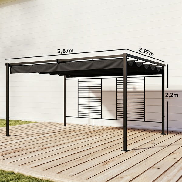 Pergola mit ausziehbarem Stoffdach und Lamellenrückwand, Maße 3,87 Meter breit, 2,97 Meter tief und 2,2 Meter hoch.
