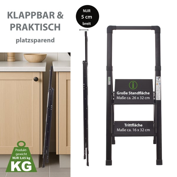 Klapptritt mit zwei Stufen, zusammengeklappt und platzsparend verstaubar