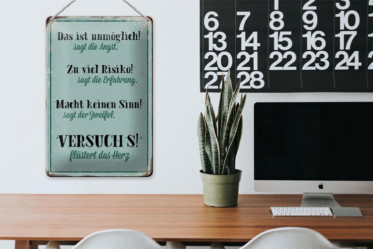 Blechschild Spruch 20x30cm Angst Erfahrung Zweifel Herz blau