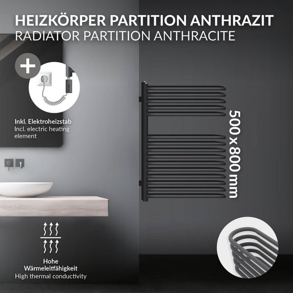 LuxeBath Elektrischer Badheizkörper 500x800 mm Anthrazit inkl. Heizstab 300W mit Thermostat Touchbedienung, Designheizkörper mit Heizpatrone, Heizkörper Handtuchtrockner Handtuchwärmer Handtuchhalter