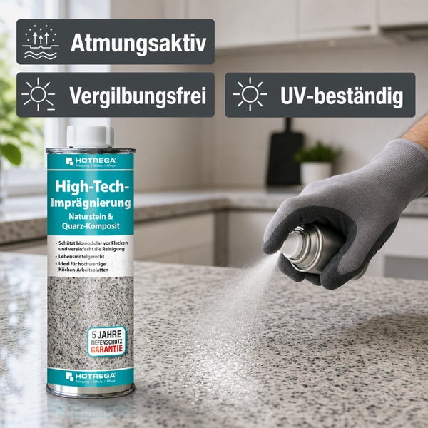 Hotrega High-Tech-Imprägnierung für Naturstein und Quarz-Komposit mit Schutzfunktion, atmungsaktiv, UV-beständig und vergilbungsfrei.