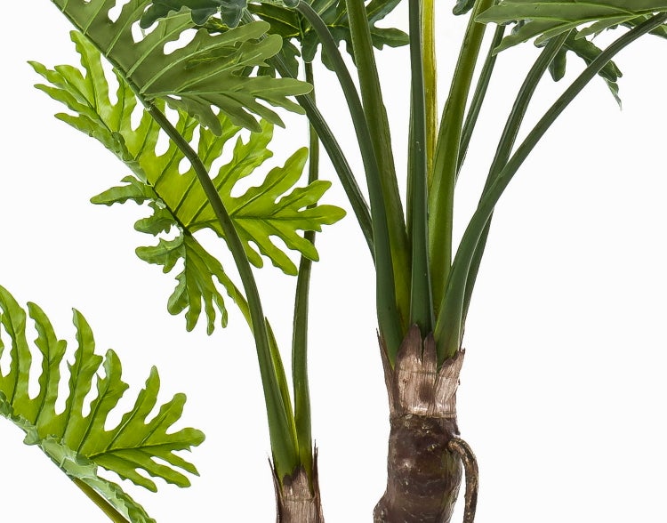 Künstlicher Ficus Alii im schwarzen Topf mit braunem strukturiertem Stamm, herabhängenden Luftwurzeln und schmalen grünen Blättern.