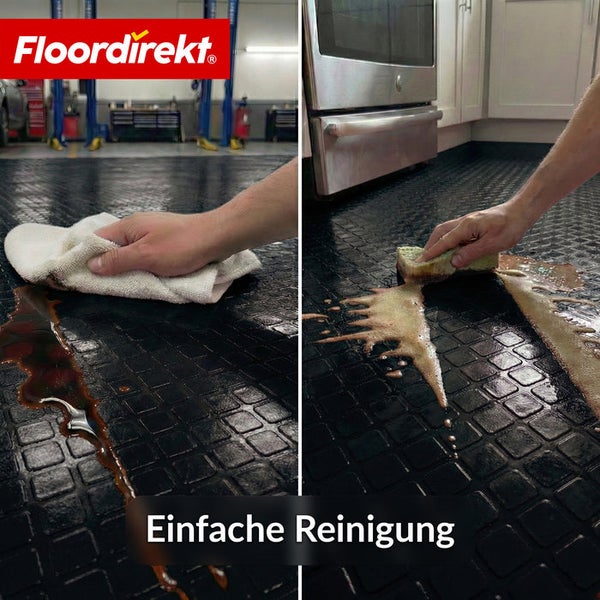 Bodenreinigung mit Tuch und Schwamm auf einem Boden mit Riffelblechmuster. Bodendirekt Logo.