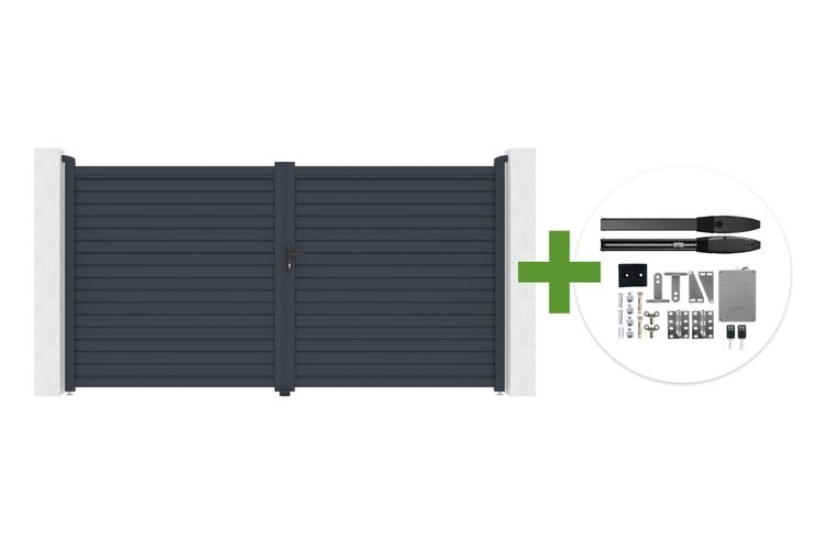 Zweiflügeliges Einfahrtstor mit horizontalen Lamellen inklusive elektrischem Torantrieb und Montageset.