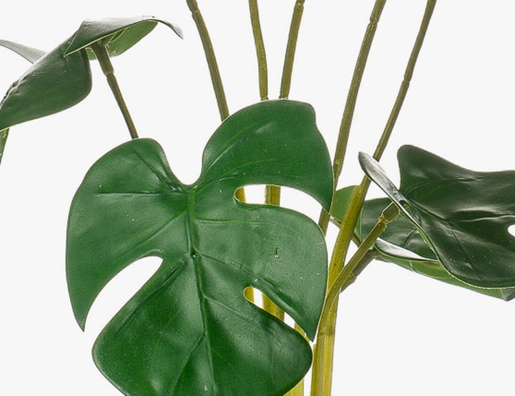 Detailansicht einer künstlichen Monstera mit charakteristischen grünen Blättern und langen Stielen.