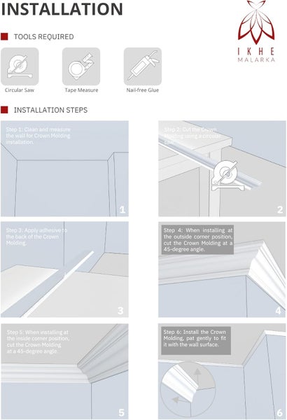 Anleitung zur Installation von Zierleisten mit Werkzeugen wie Kreissäge, Maßband und Montagekleber.