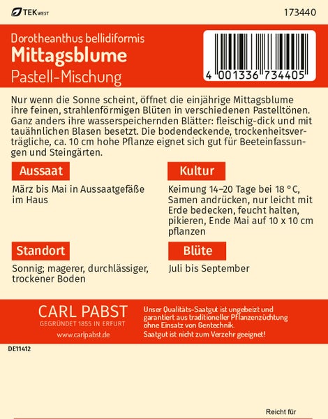 Rückseite einer Samentüte für Mittagsblume Pastell-Mischung von Carl Pabst mit Anbauanleitungen. Carl Pabst Logo. TEKWEST Logo.