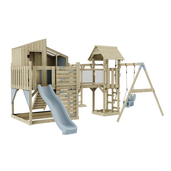 Holzspielplatz mit Rutsche, Schaukel und Kletterwand für Kinder