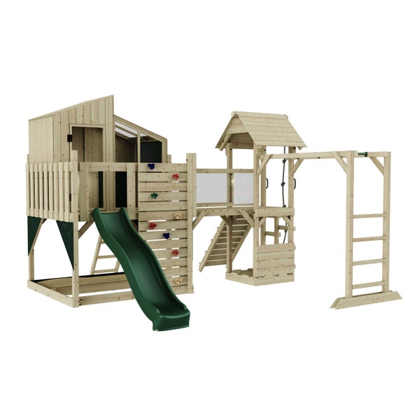 Spielplatz mit Kletterwand, Rutsche, Schaukel und Spielhaus