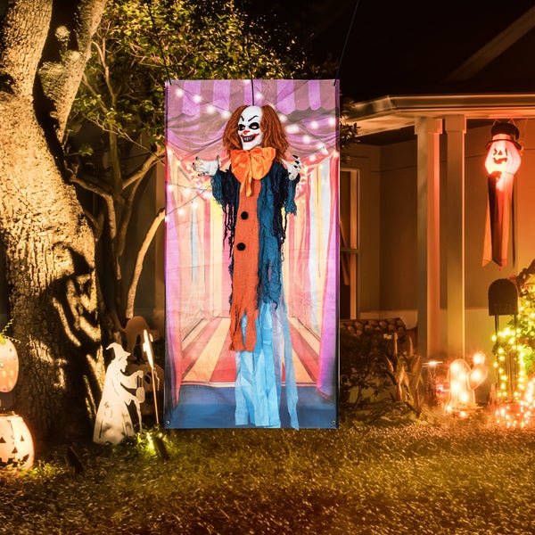 HOMCOM 168cm Halloween Dekoration Halloween Zirkusclown Lebensechte Größe Halloween-Zirkusclown mit Rot Leuchtende Augen verstellbare Arme , Garten Dekoration mit LED-Lichter, Soundfunktion