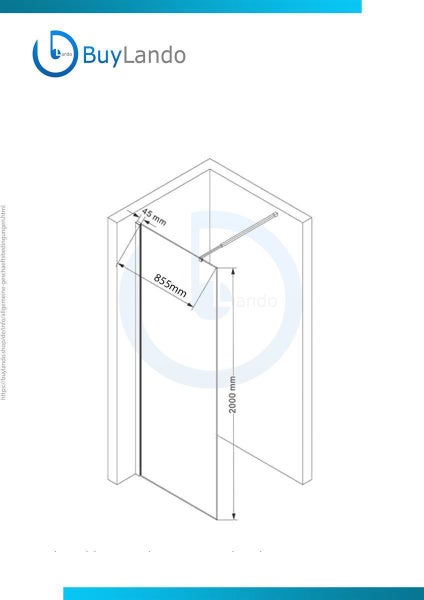 Technische Zeichnung einer Duschwand von BuyLando mit 2000 Millimeter Höhe und 855 Millimeter Breite. BuyLando Logo.
