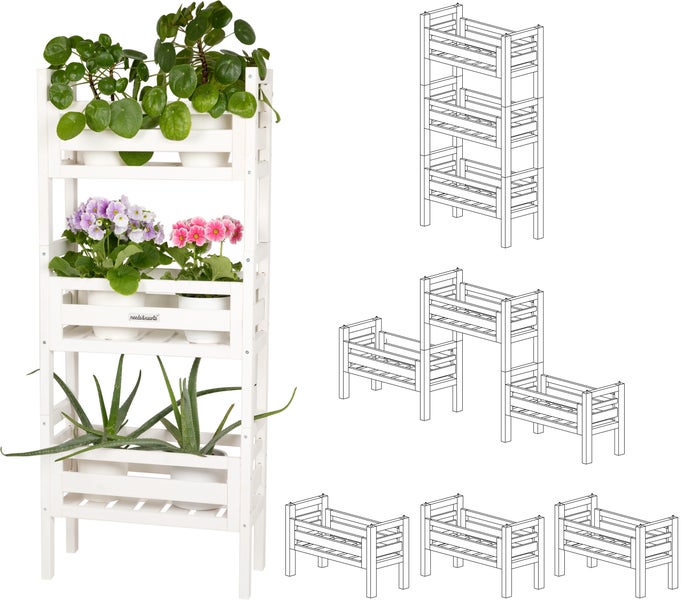 needs&wants® 3-fach multifunktional: Pflanzenständer Blumenständer aus Holz wetterfest für Indoor Outdoor Balkon Garten draußen innen Wand, Pflanzenregal Blumentreppe, z.B. 51 x 23 x 122 cm hoch, weiß