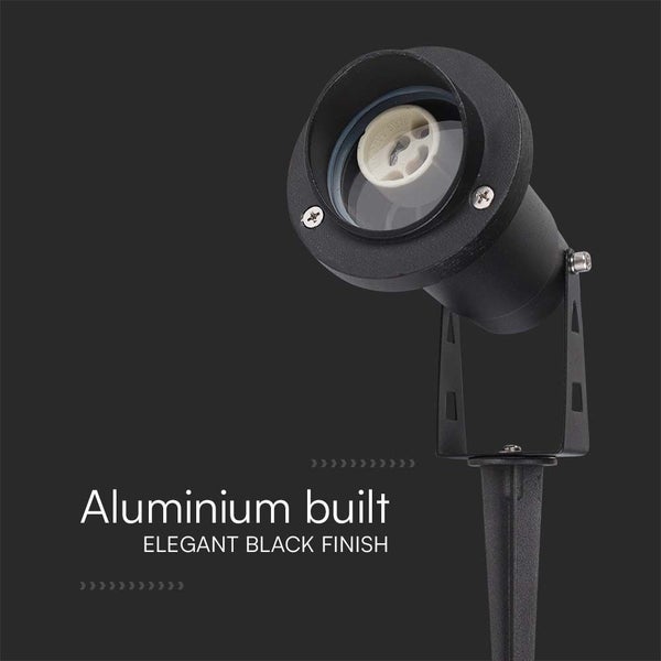 Schwarzer Gartenstrahler aus Aluminium mit Erdspieß und GU10 Fassung.