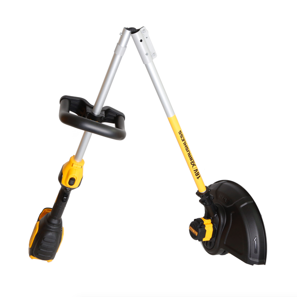 Zusammengeklappter DeWalt 18 Volt Brushless Akku-Rasentrimmer mit verstellbarem Rundgriff und Schutzhaube.