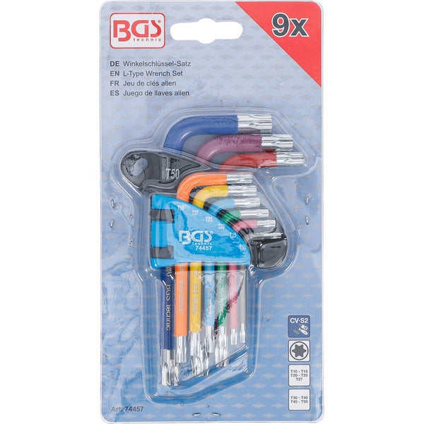 9-teiliger Winkelschlüssel-Satz für Torx-Schrauben von BGS technic aus Chrom-Vanadium-Stahl in verschiedenen Farben mit Kunststoffhalter.