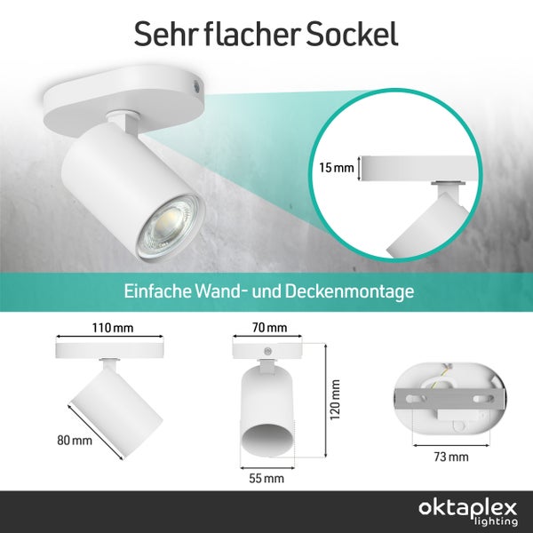 Technische Zeichnung eines Strahlers für Wand und Decke mit 15 Millimeter flachem Sockel und verschiedenen Maßangaben. Oktaplex Lighting Logo.