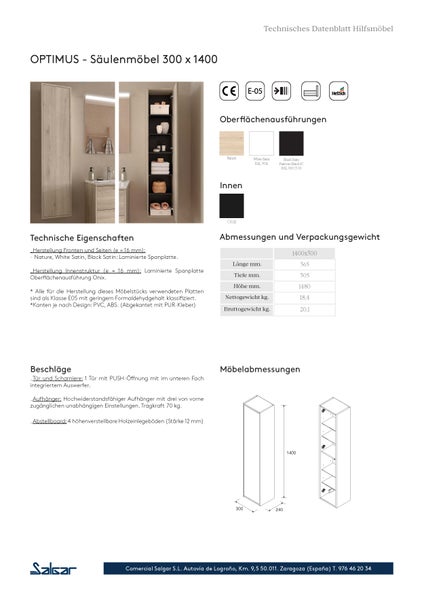 Technisches Datenblatt für den Badezimmer-Hochschrank OPTIMUS 300 mal 1400 Millimeter mit Maßen, Materialangaben, Oberflächen und Konstruktionsdetails.