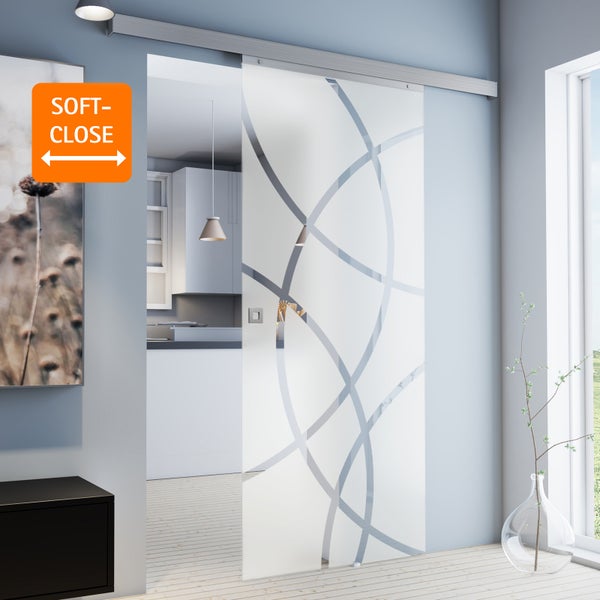 Tür Schiebetür Komplettset Glas Kreise 880 x 2035 Zimmertür Glasschiebetür Schiebetürsystem -  Quadratgriff+2seitiger Softclose