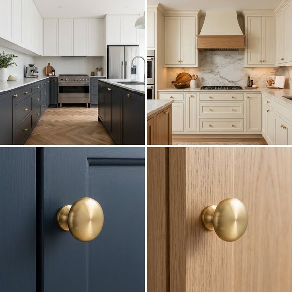 Collage verschiedener Küchenstile mit goldenen Möbelknöpfen