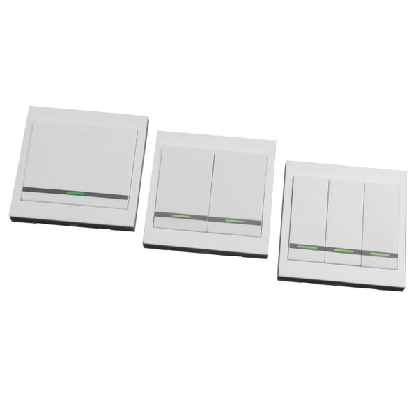 Weißes Lichtschalter-Set bestehend aus einem einfachen, zweifachen und dreifachen Wippschalter mit Statusanzeige.