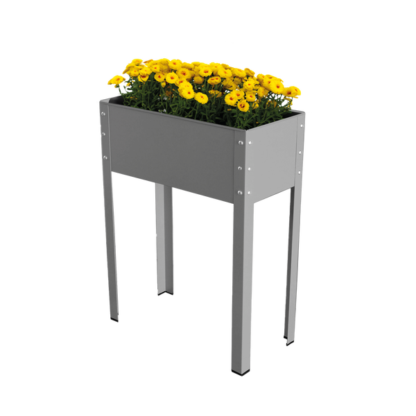 Hochbeet aus grauem Metall auf vier Beinen mit gelben Blumen bepflanzt.