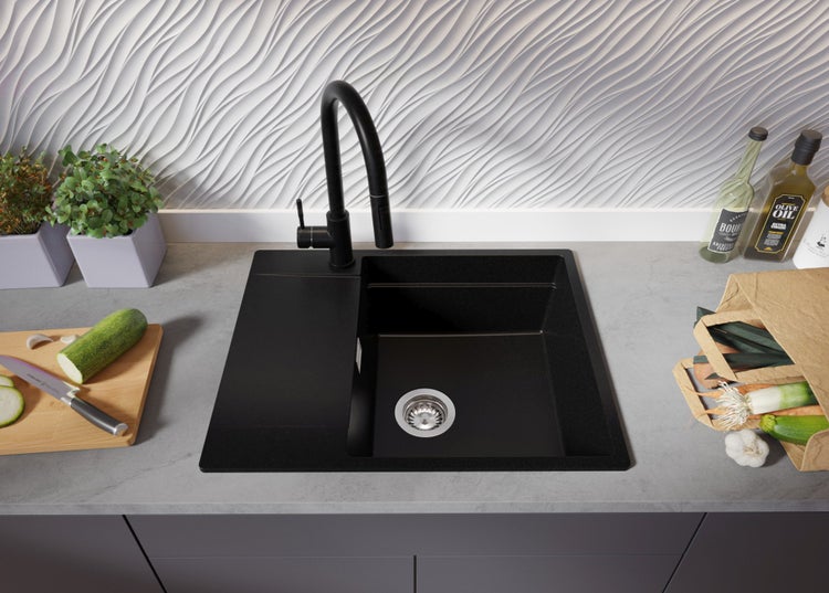 PRIMAGRAN Granitspüle Schwarz 62x50cm, Spülbecken 1 Becken + Küchenarmatur 32x20cm + Ablauf-Set + Aufrollbare Abtropffläche, Küchenspüle ab 50er Unterschrank - San Francisco