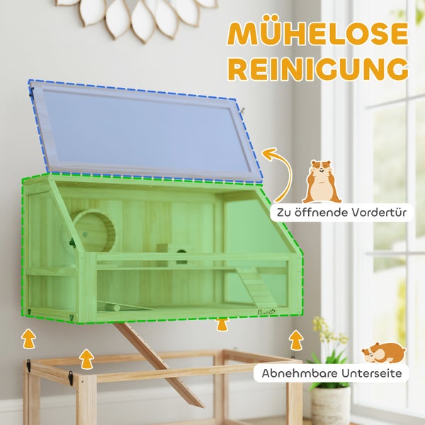 PawHut Hamsterkäfig aus Holz 3 Etagen Nagarium Nagerkäfig Kleintierkäfig mit klappbarem Deckel Laufrad und Zubehör, Kleintierstall Holzkäfig Käfig für Hamster Zwerghamster 80 x 50 x 76 cm Naturholz