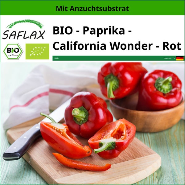 SAFLAX  - BIO - Paprika - California Wonder - Rot - Capsicum annuum - 20 Samen - Mit keimfreiem Anzuchtsubstrat