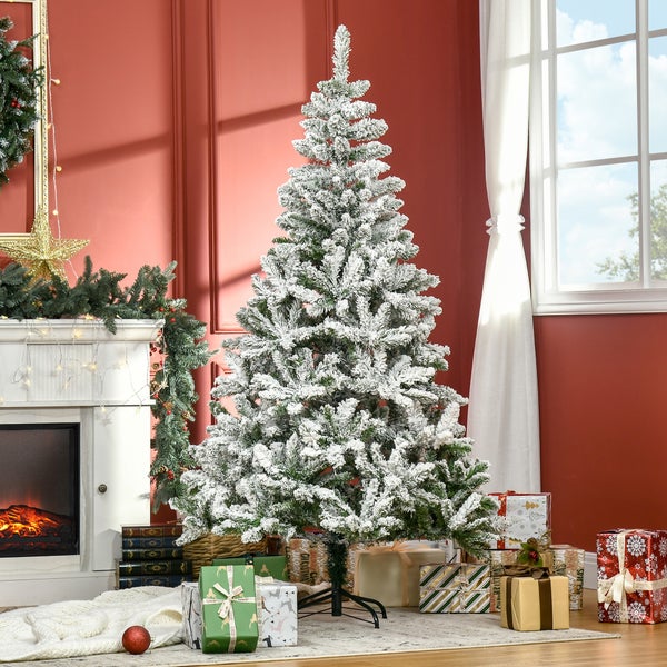 HOMCOM Künstlicher Weihnachtsbaum, 180 cm Kunstkiefer mit Kunstschnee, mit 750 Astspitzen faltbar Standfuß, für Weihnachtsfest, Indoor, Grün+Weiß