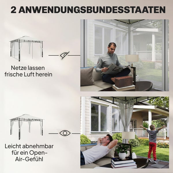 Gartenpavillon mit zwei Nutzungsmöglichkeiten: geschlossene Moskitonetze für Insektenschutz oder offene Seiten für freie Sicht in den Garten.