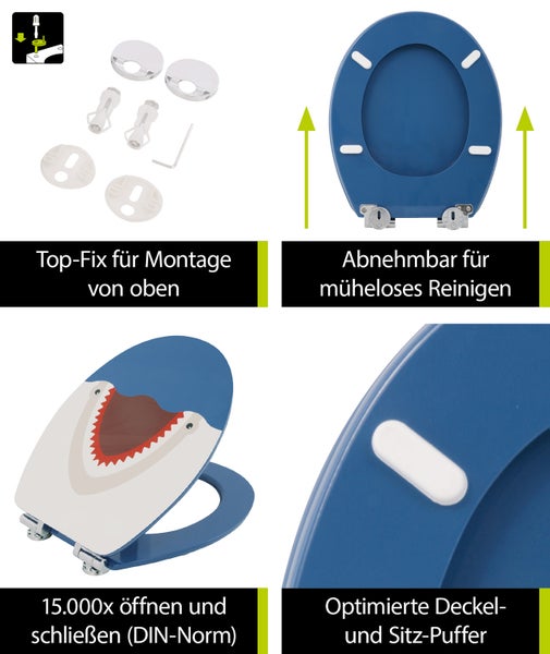 aquaSu® WC-Sitz mit Absenkautomatik | Tier-Motiv Hai | Toilettensitz mit Holz-Kern | Top-Fix | Standard O-Form universal | Scharnierabstand variabel | Motiv Toilettendeckel | abnehmbar | 407434