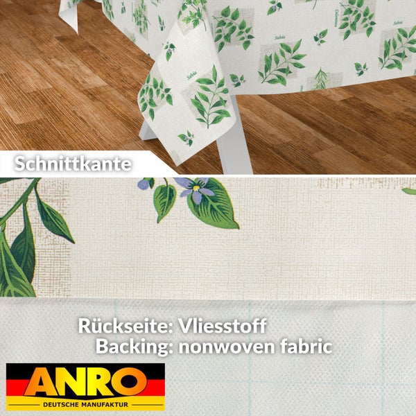 Wachstuch Tischdecke mit Kräutermotiv, Schnittkante und Vliesrückseite. ANRO Deutsche Manufaktur Logo.