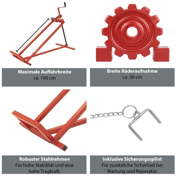 Detailansicht eines roten Montagelifts mit Radaufnahme, maximaler Auffahrbreite und Sicherungssplint.