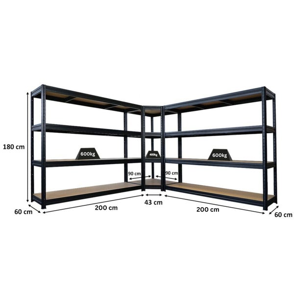 Eck-Schwerlastregal aus Metall, 180 Zentimeter Höhe, 200 Zentimeter Breite pro Seite, 60 Zentimeter Tiefe, Traglast bis 600 Kilogramm.