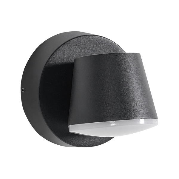 Moderne LED-Außenwandleuchte in Anthrazit mit rundem Sockel und nach unten gerichtetem, kegelförmigem Strahler.